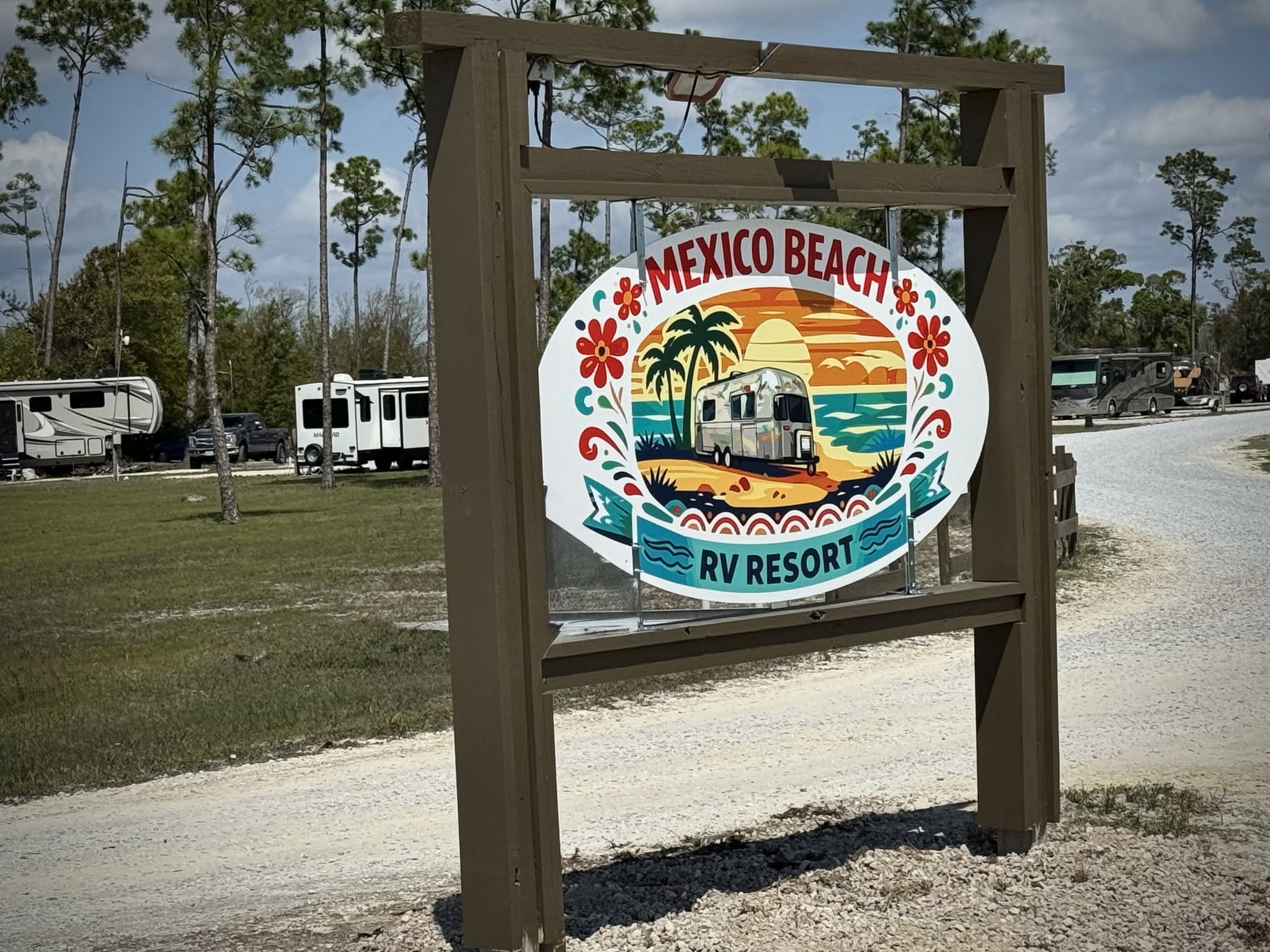 Close-up of the Mexico Beach RV Resort sign